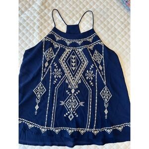 Blu Pepper Navy Blue Embroidered Halter Tank Top Chiffon Boho B9893 Small